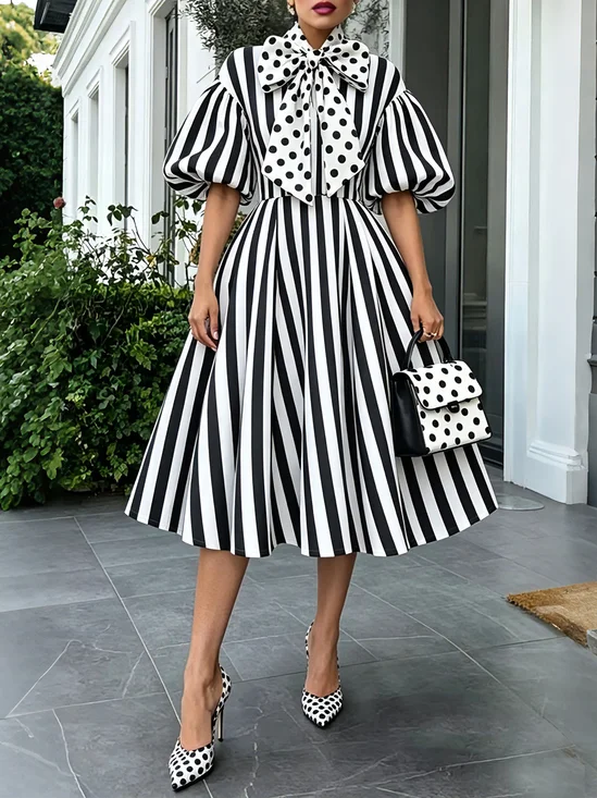 Urban Striped Polka Dots Puff Sleeve Printing Midi Dress