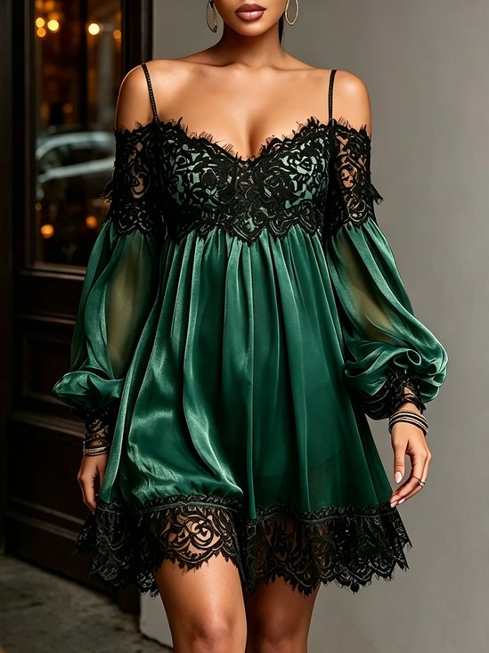 Elegant Color Block Split Joint Lace Edge Spaghetti Mini Dress
