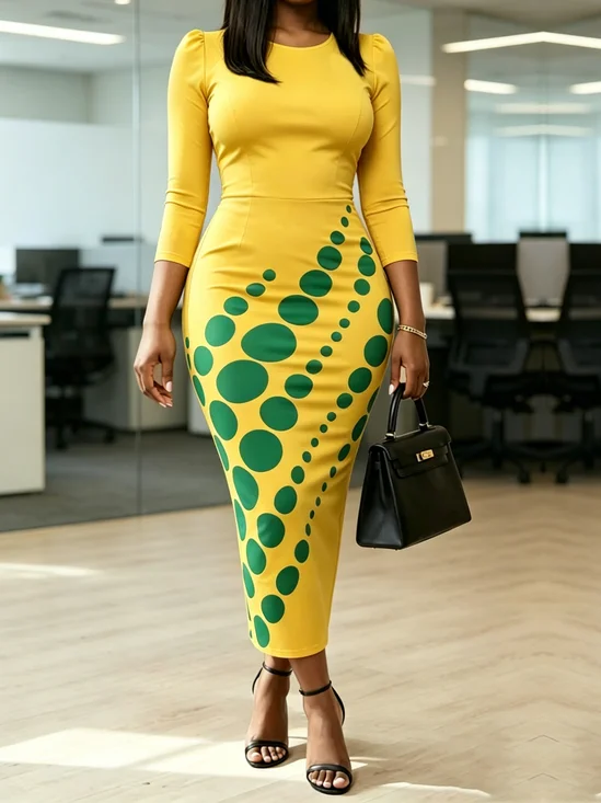 Elegant Polka Dots Crew Neck Midi Dress