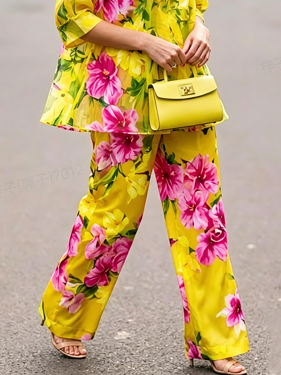 Urban Floral Printing Wide Leg Pants