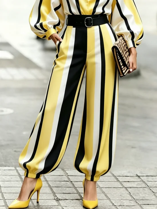 Urban Striped Ankle Banded Pants No Belt