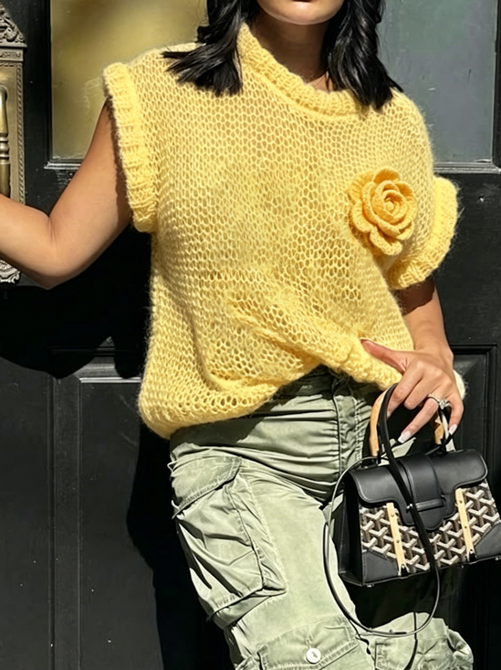 Casual Plain 3D Floral Crew Neck Sweater