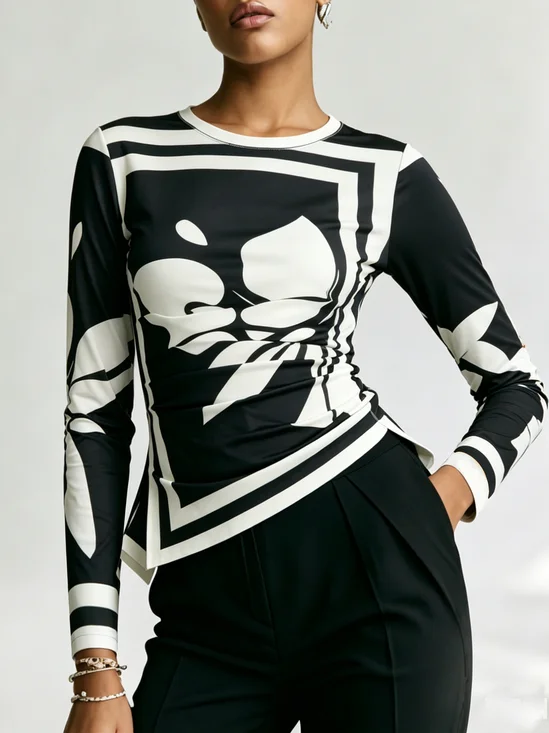 Urban Floral Printing Irregular Craftsmanship Ruched Color Block T-shirt