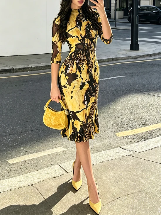 Urban Color Block Printing Leopard Mock Neck Midi Dress