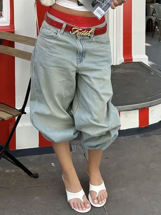 Casual Distressing Loose Plain Jeans With No Belt