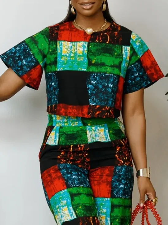 Urban Abstract Plaid Printing Crew Neck Blouse