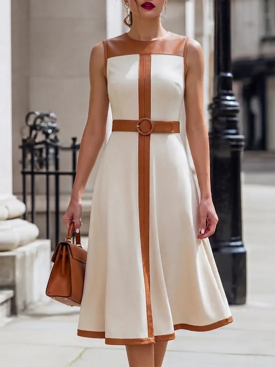 Urban Color Block Split Joint Midi Dress With Belt