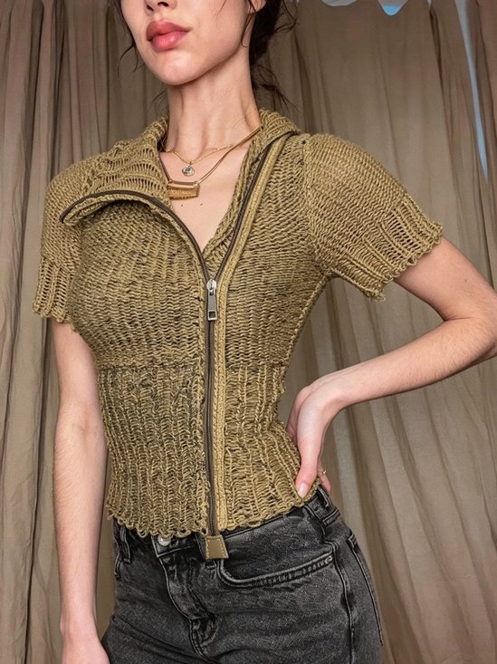 Casual Plain Zipper Shawl Collar Knit Top