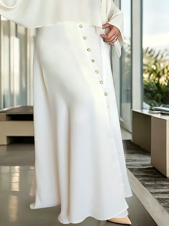Elegant Faux Pearl Plain Buttoned Maxi Skirt