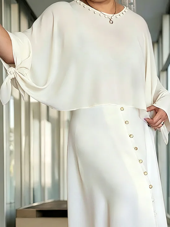 Elegant Plain Bow Faux Pearl Crew Neck Blouse