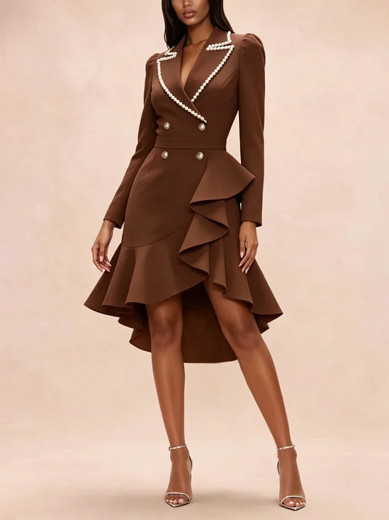 Elegant Plain Puff Sleeve Faux Pearl Lapel Collar Midi Dress