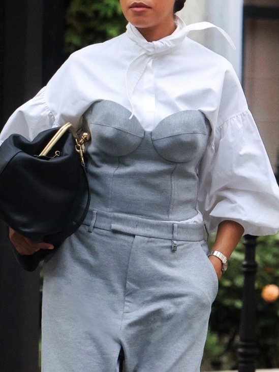 Urban Plain Balloon Sleeve Shirt With Gray Tube Top