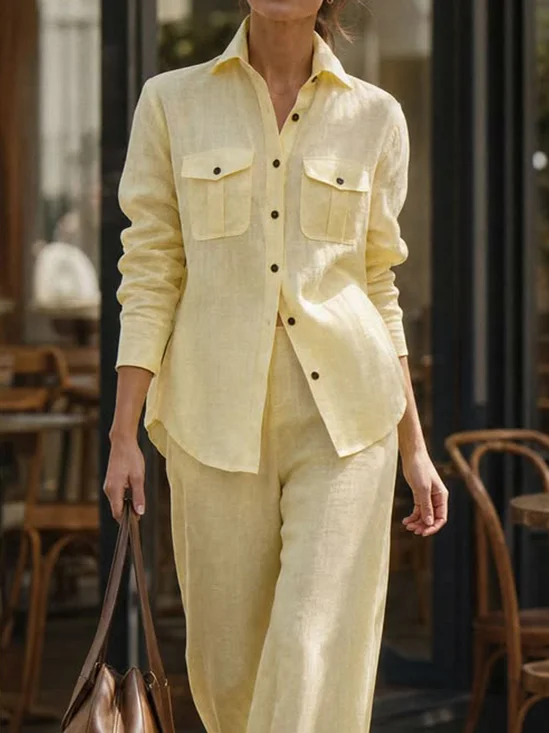 Cotton And Linen Casual Plain Shirt Collar Shirt