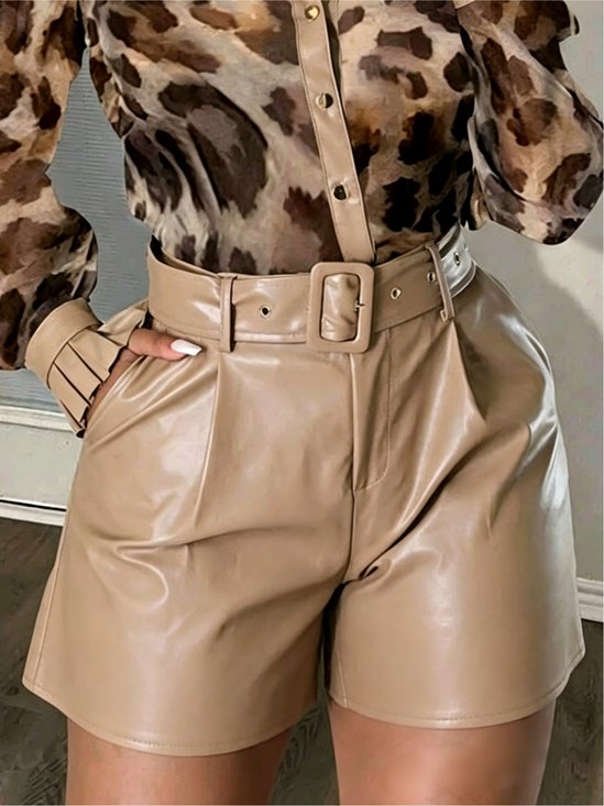 Urban Plain Faux Leather Pants With Belt