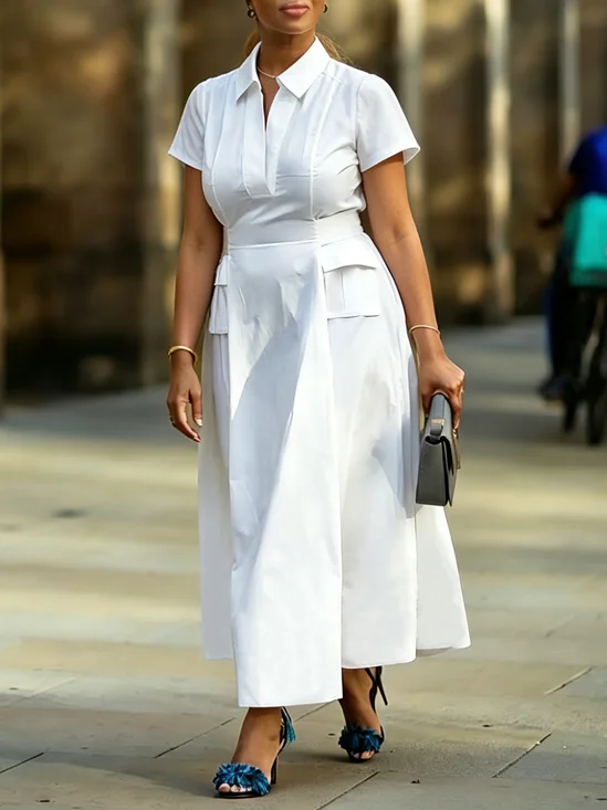 Cotton Urban Plain Shirt Collar Maxi Dress