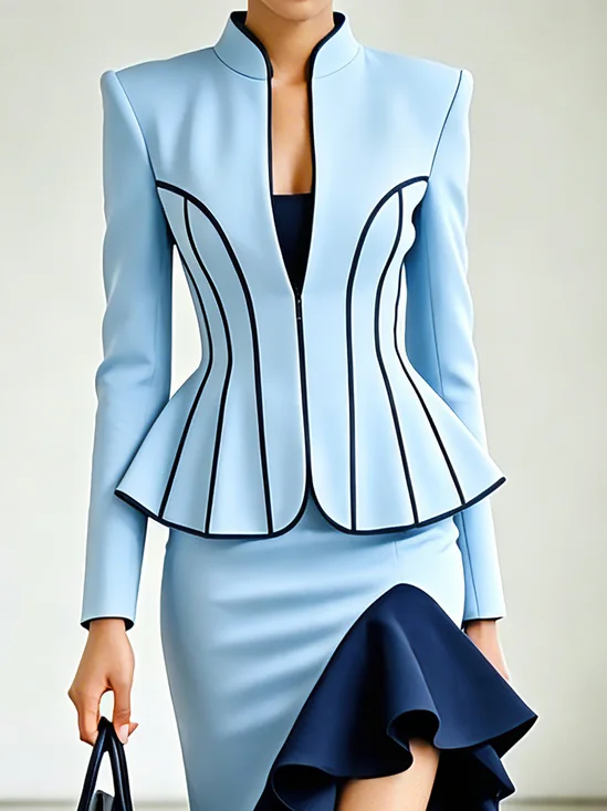 Elegant Color Block Stand Collar Jacket