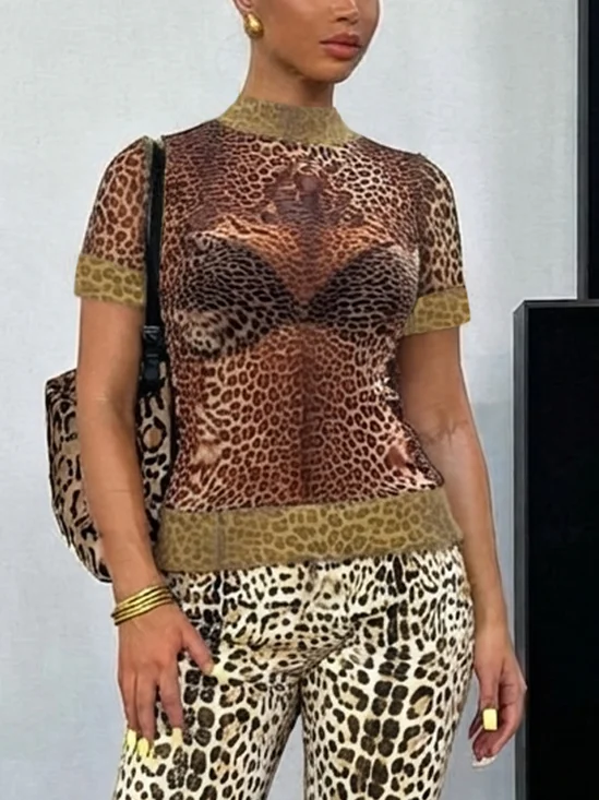 Urban Leopard Printing Stand Collar T-shirt