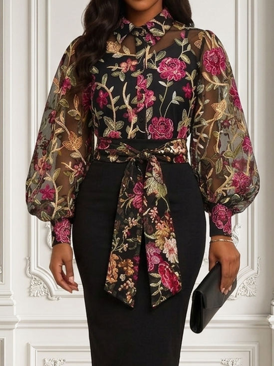 Elegant Floral Shirt Collar Shirt Belt
