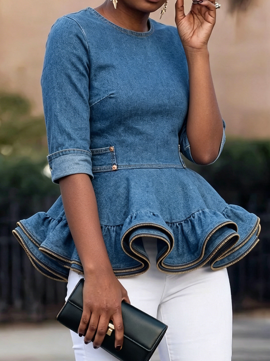 Urban Plain Peplum Crew Neck Denim Top