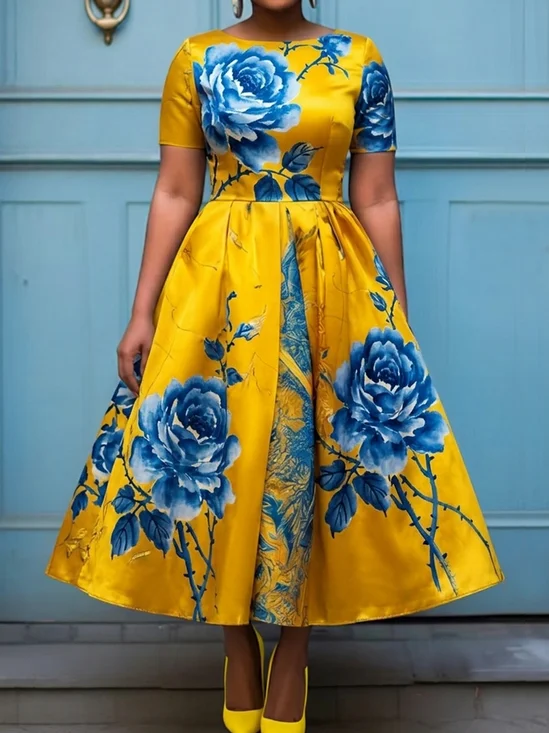 Elegant Floral Printing Crew Neck Midi Dress