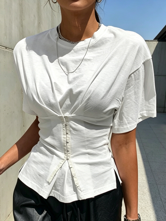 Plus Size Cotton Casual Plain Button Detail T-shirt