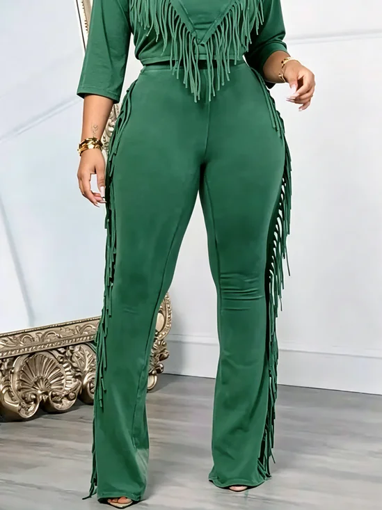 Casual Plain Tassel Flare Pants