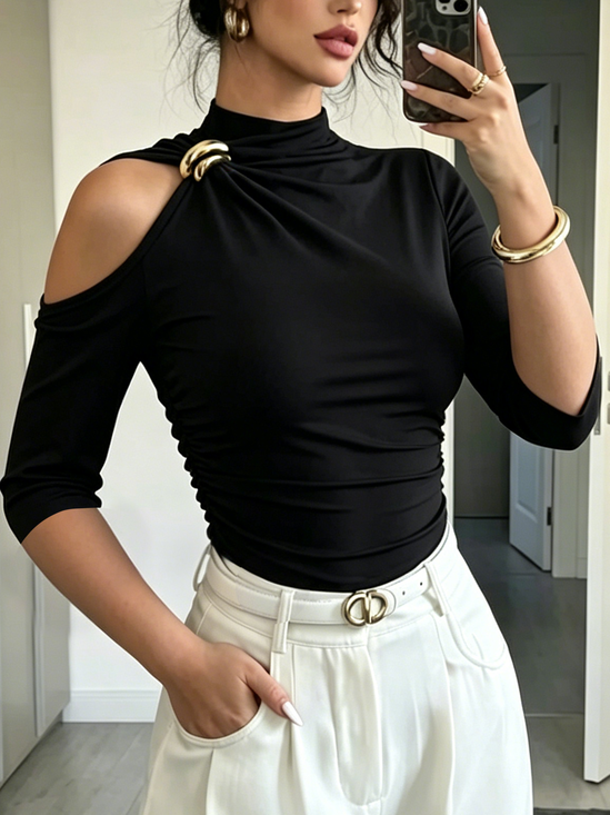 Urban Plain Grommets Asymmetrical Hollow out T-shirt