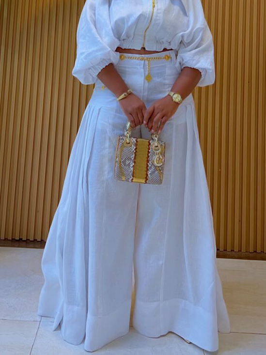 Casual Plain Wide Leg Cotton And Linen Pants