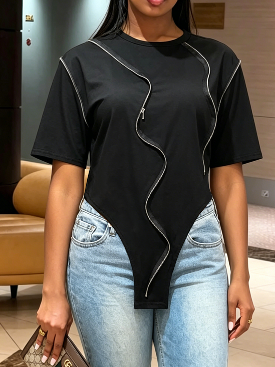 Casual Plain Zipper Crew Neck T-shirt