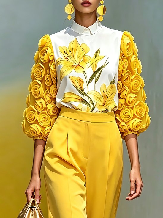 Urban Floral 3D Floral Shawl Collar Balloon Sleeve Blouse
