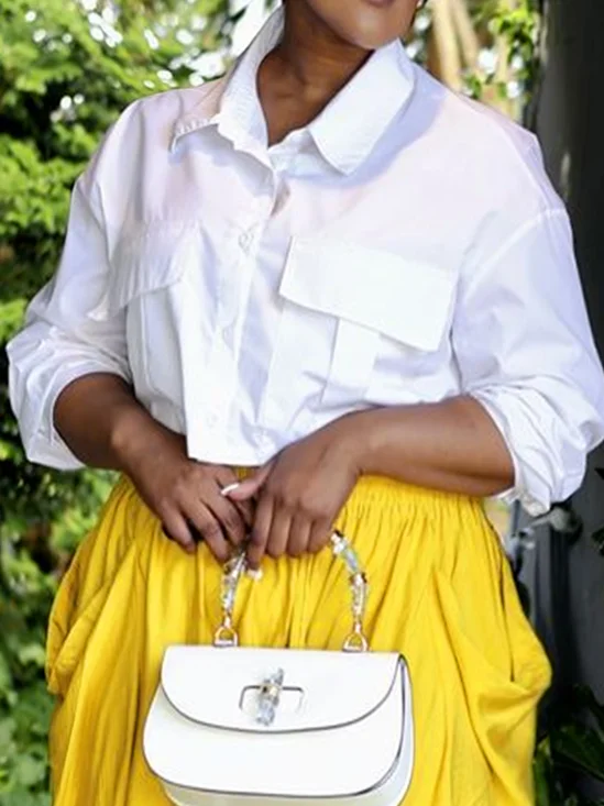 Casual Plain Shirt Collar Pockets Shirt