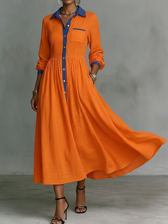 Urban Color Block Shirt Collar Midi Dress
