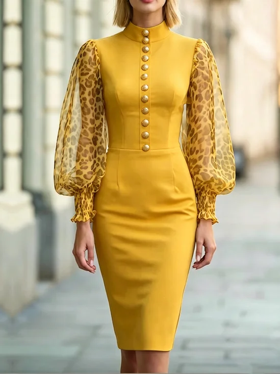 Elegant Leopard Stand Collar Knee Length Dress