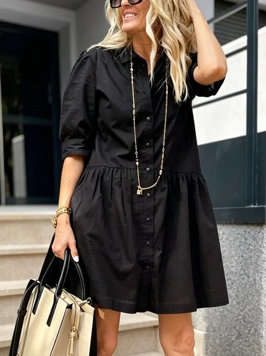 Cotton Casual Plain Buttoned Mini Dress