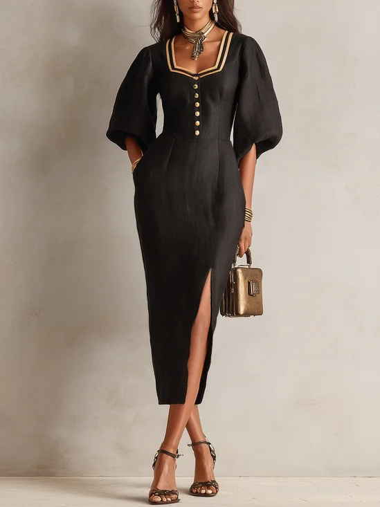 Elegant Color Block Square Neck Midi Dress