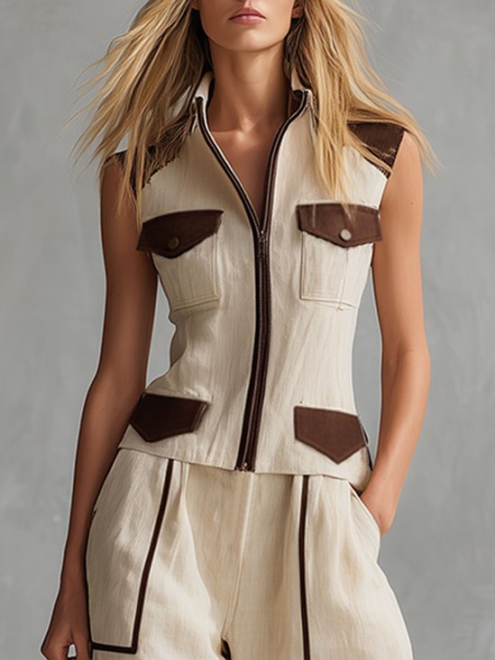 Cotton And Linen Casual Split Joint Color Block Shawl Collar Vest