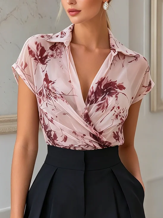 Elegant Floral Printing Shawl Collar Blouse