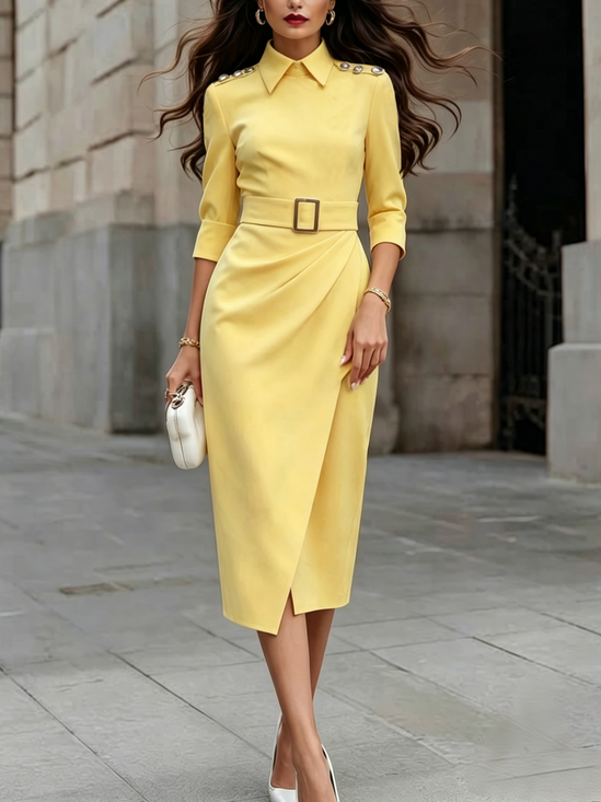 Elegant Plain Buttoned Shawl Collar Midi Dress With Belt