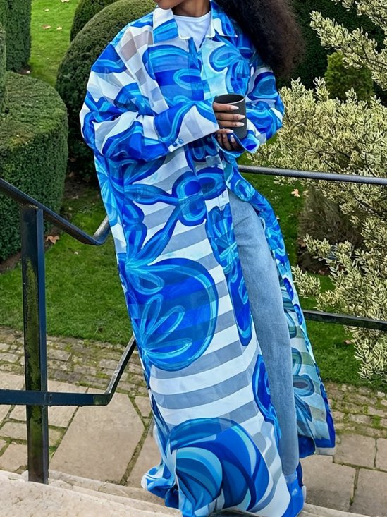 Elegant Printing Floral Shirt Collar Kimono