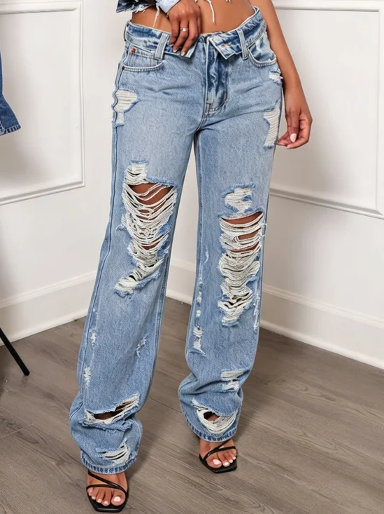 Casual Denim Ripped Plain Jeans