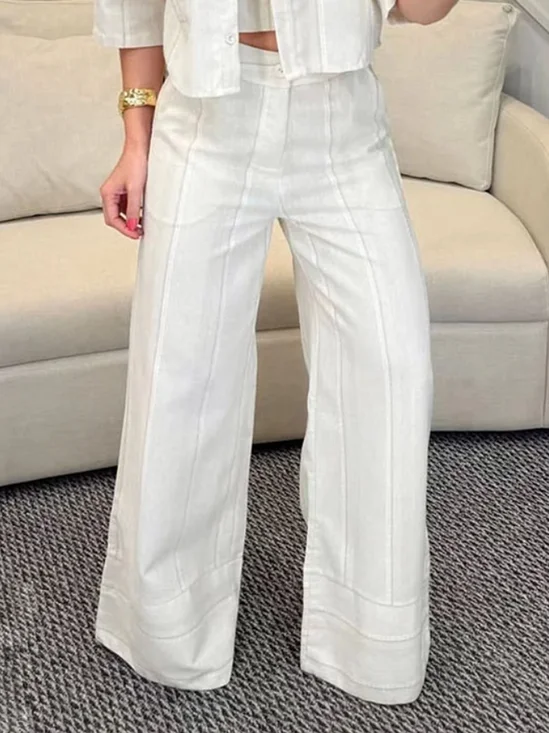 Cotton Casual Plain Wide Leg Pants