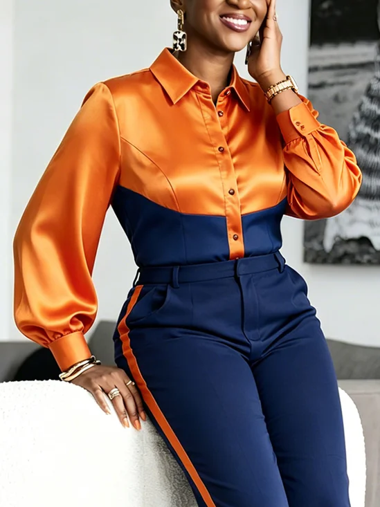 Urban Color Block Split Joint Shirt Collar Shirt