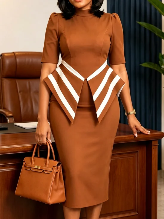 Elegant Color Block Stand Collar Midi Dress