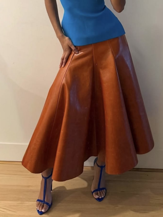 Elegant Plain Midi Faux Leather Skirt