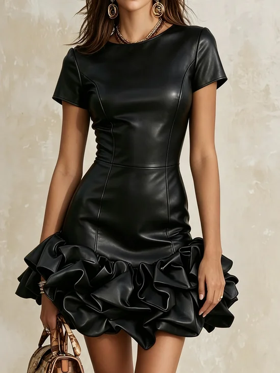 Elegant Plain Ruched Crew Neck Mini Dress