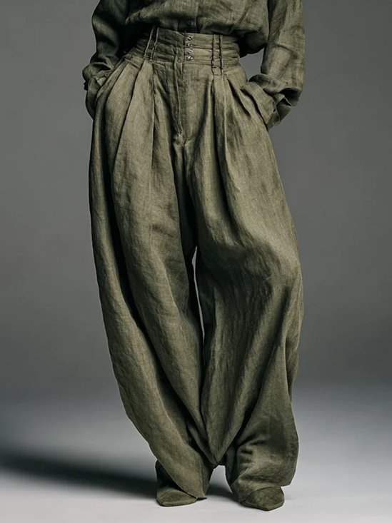 Cotton And Linen Urban Plain Wide Leg Pants