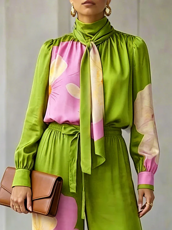 Urban Floral Bow Printing Mock Neck Blouse