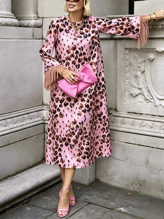 Elegant Leopard Printing Crew Neck Midi Dress