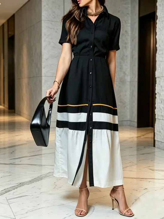 Urban Geometric Shirt Collar Maxi Dress