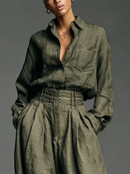 Cotton And Linen Urban Plain Distressing Shirt Collar Shirt